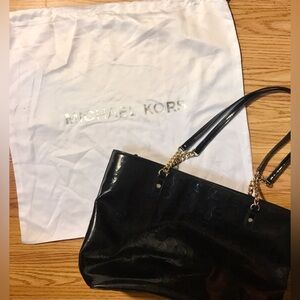 Michael Kors Black Patent Monogram Tote Bag Gold Chain Strap Accent w Dust Bag